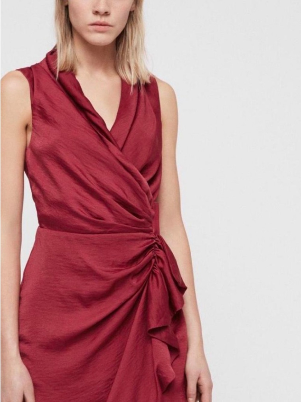 All Saints One-Shoulder Draped Wrap Dress in Burgundy Red Sz-US 2